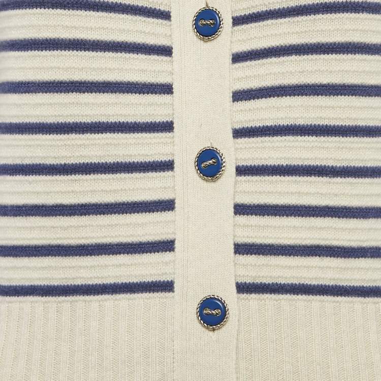 Pre Owned Chanel White/Blue Striped Rib Knit Buttoned Mini Dress M