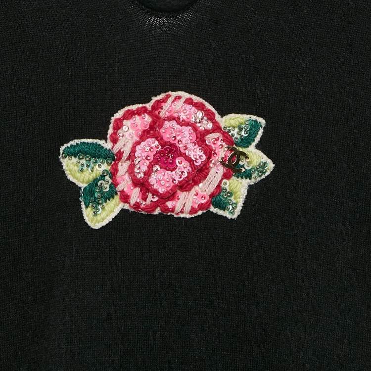 Pre Owned Chanel Black Rose Embroidered Wool Blend V-Neck Top XL