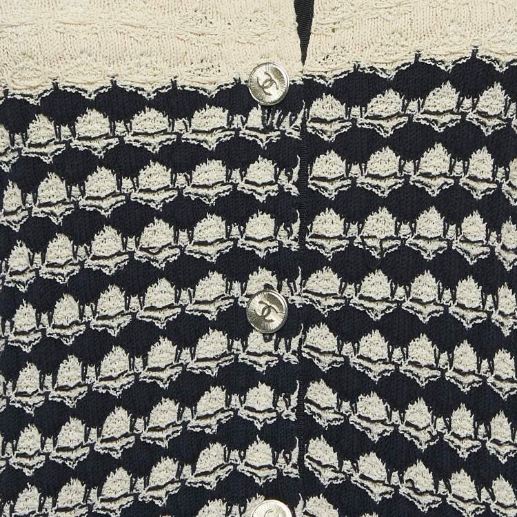 Pre Owned Chanel Navy Blue/Beige  Patterned Knit Button Front Cardigan M