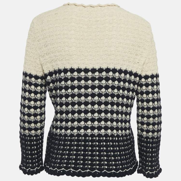 Pre Owned Chanel Navy Blue/Beige  Patterned Knit Button Front Cardigan M