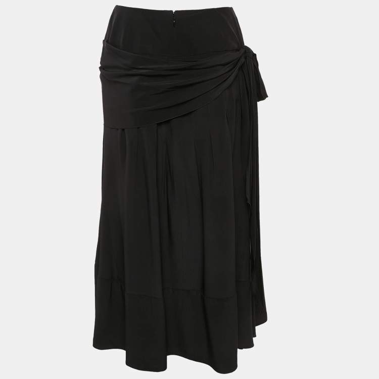 Pre Owned Chanel Black Silk Draped Style Flared Midi Skirt M