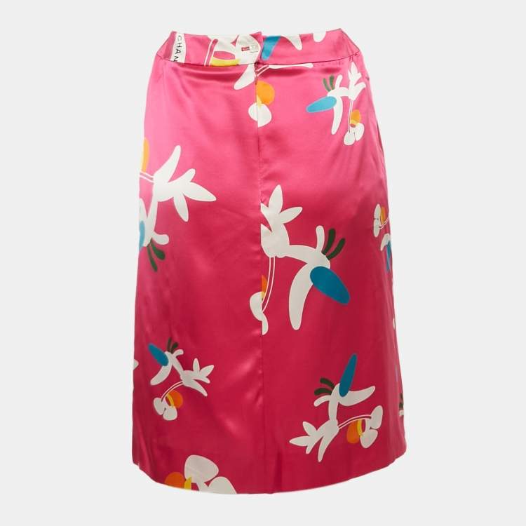 Pre Owned Chanel Pink Abstract Print Satin Silk Midi Skirt M
