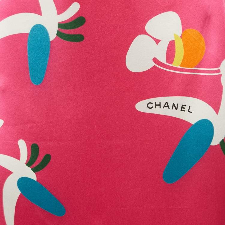 Pre Owned Chanel Pink Abstract Print Satin Silk Midi Skirt M