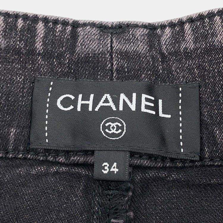Pre Owned Chanel Grey Cotton Faux Pearl Wide  Denim Pants Size 34