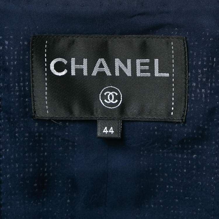 Pre Owned Chanel Navy Blue Tweed Logo Button Detail Jacket L
