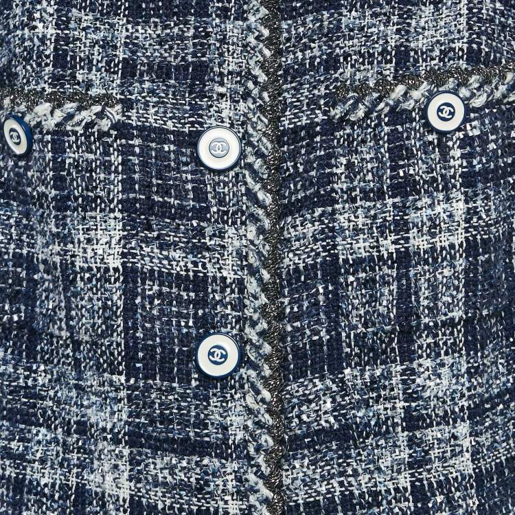 Pre Owned Chanel Navy Blue Tweed Logo Button Detail Jacket L