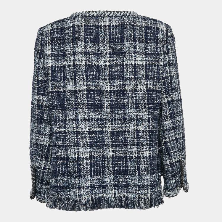 Pre Owned Chanel Navy Blue Tweed Logo Button Detail Jacket L