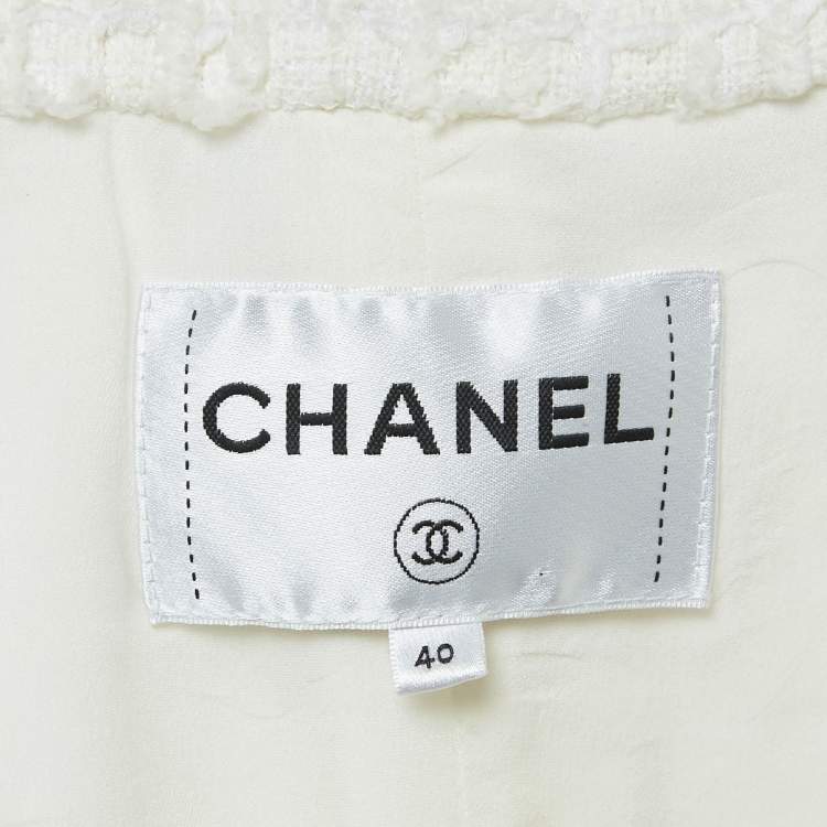 Pre Owned Chanel White Tweed Zip-Up Jacket M