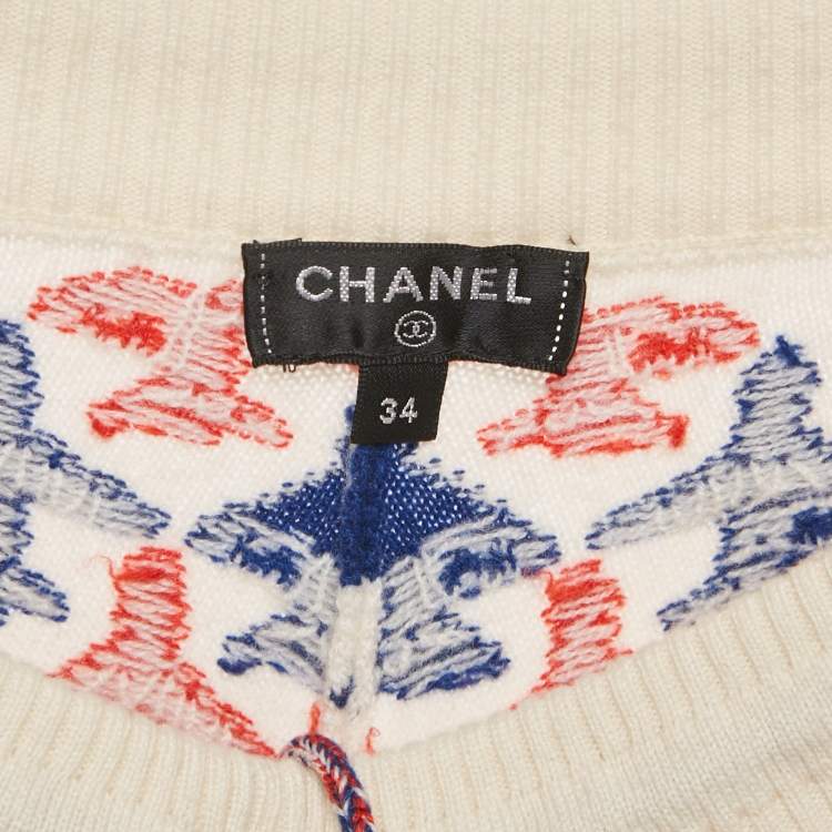 Pre Owned Chanel White Airlines Jacquard Cashmere Knit Joggers S