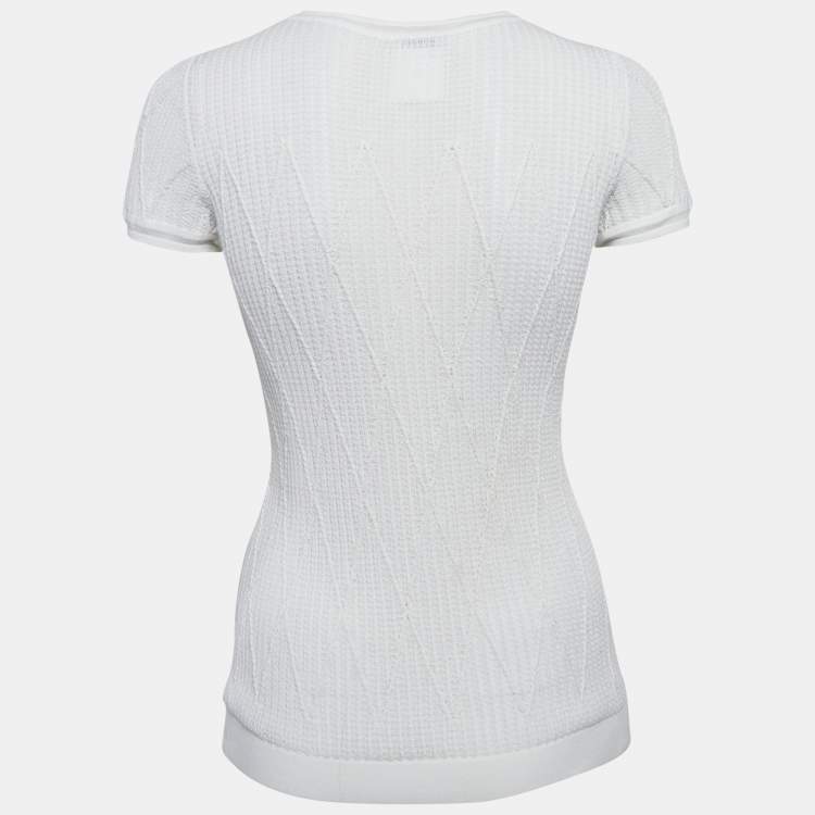 Pre Owned Chanel White Stretch Knit Logo Detail Top M