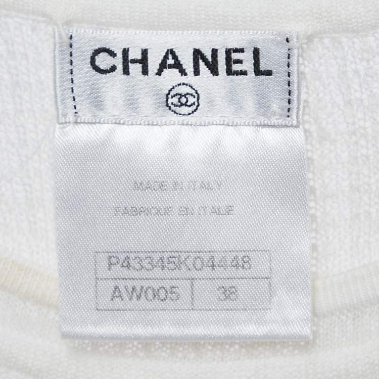 Pre Owned Chanel White Stretch Knit Logo Detail Top M