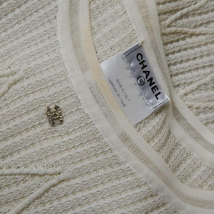 Pre Owned Chanel White Stretch Knit Logo Detail Top M