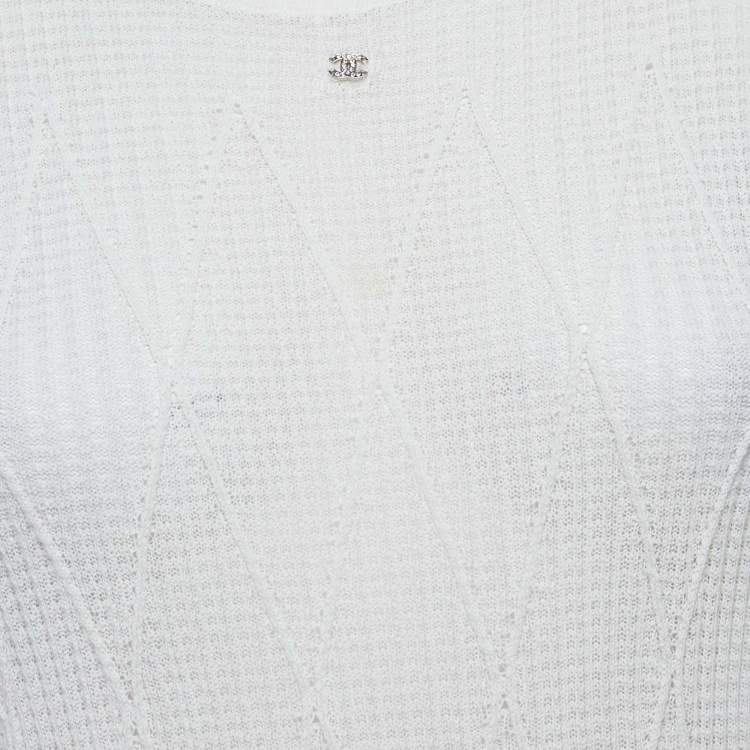 Pre Owned Chanel White Stretch Knit Logo Detail Top M
