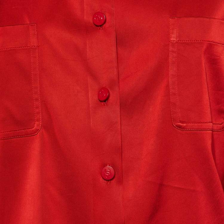 Pre Owned Chanel Red Satin Button Front Shirt L