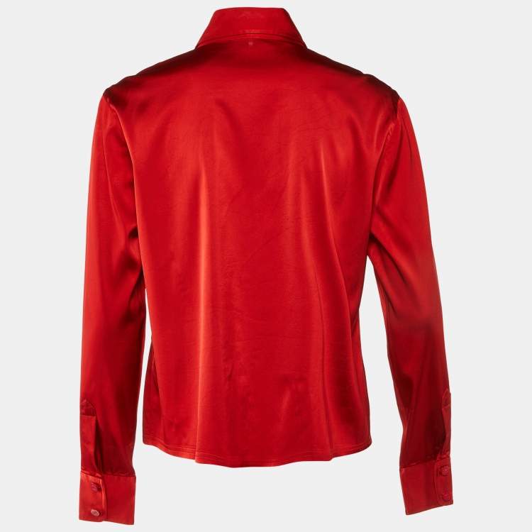 Pre Owned Chanel Red Satin Button Front Shirt L