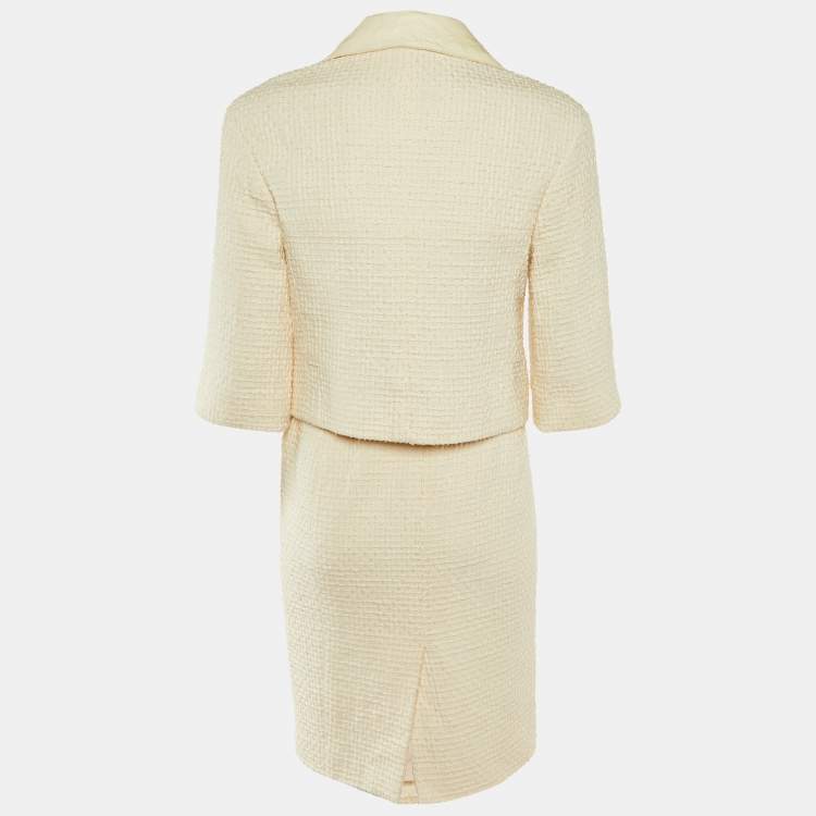 Pre Owned Chanel White Tweed Leather Trim Detail Jacket & Skirt Suit M