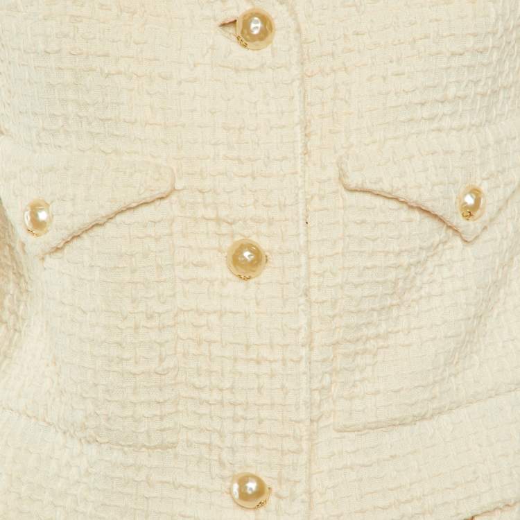 Pre Owned Chanel White Tweed Leather Trim Detail Jacket & Skirt Suit M