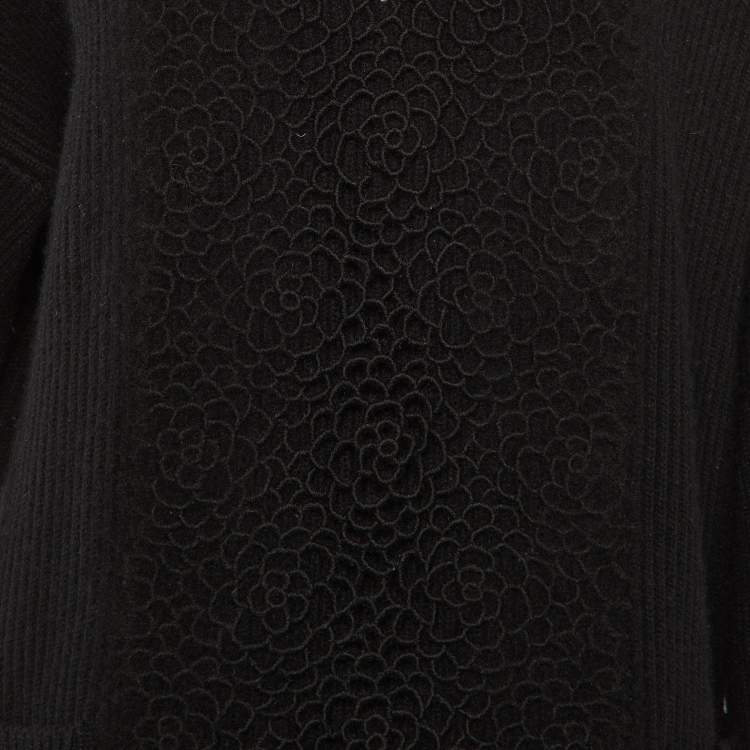 Pre Owned Chanel Black Camelia Cashmere Knit Crew Neck Sweater L