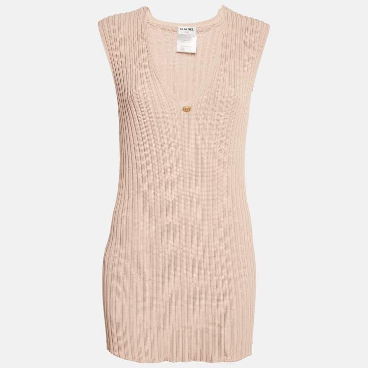 Pre Owned Chanel Pink Rib Knit V-Neck Mini Sweater Dress L