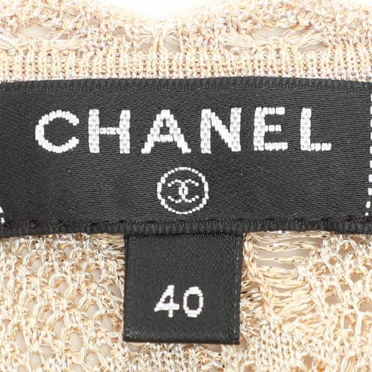 Pre Owned Chanel Metallick Beige Lurex Knit CC Rue Cambon Button Front Long Dress M