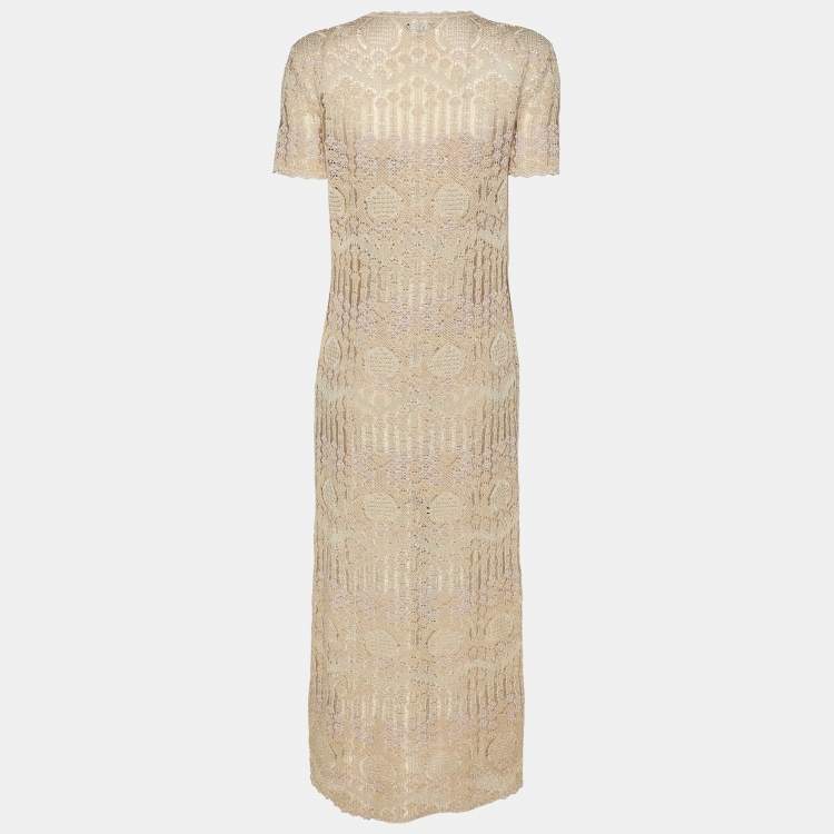 Pre Owned Chanel Metallick Beige Lurex Knit CC Rue Cambon Button Front Long Dress M