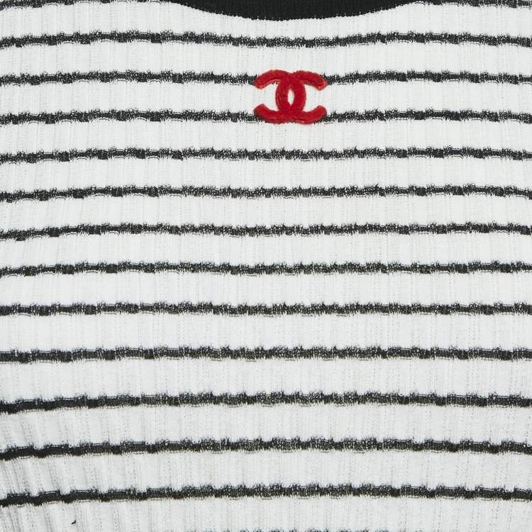 Pre Owned Chanel White Stripe Textured Knit Top S