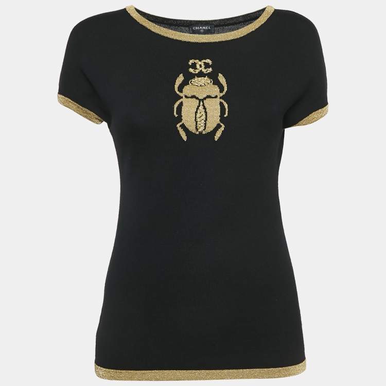 Pre Owned Chanel Black CC  Beetle Lurex Wool Knit Crew Neck Top M