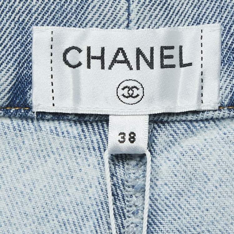 Pre Owned Chanel Light Blue Animal Print Denim Flared Jeans M Waist 28"