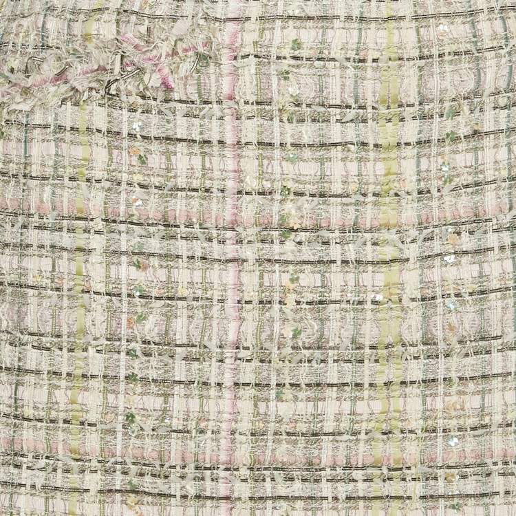 Pre Owned Chanel White Sequin Embellished Tweed Pencil Skirt S