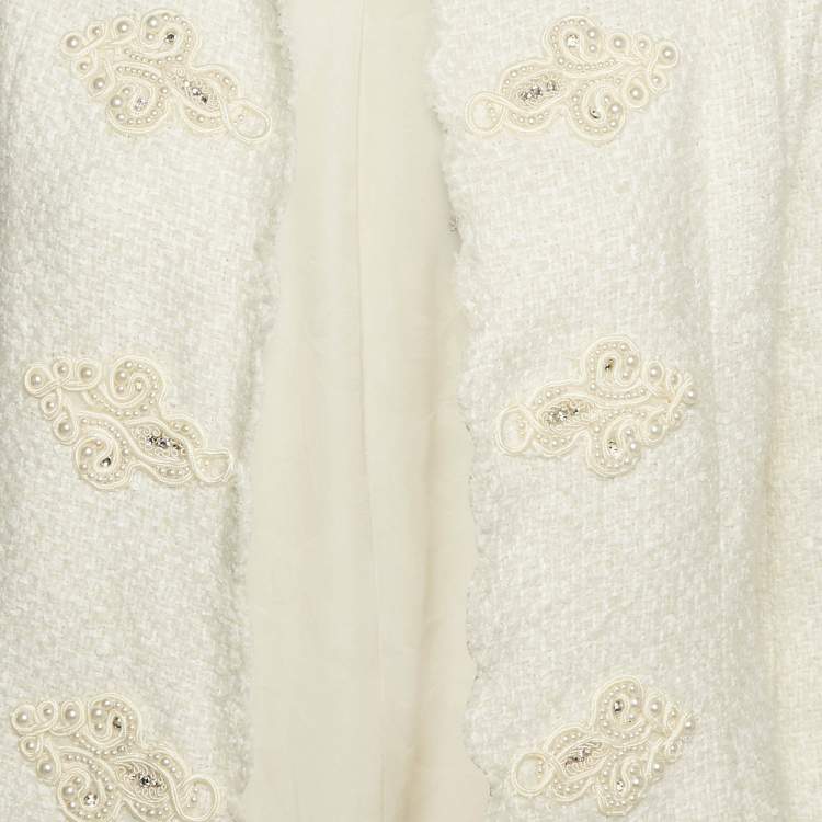 Pre Owned Chanel White Tweed Beads Embellished Jacket S