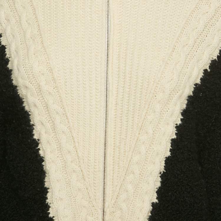 مملوكة مسبقًا Chanel Black/White Cable Knit and Shearling  Zip-Up Jacket S