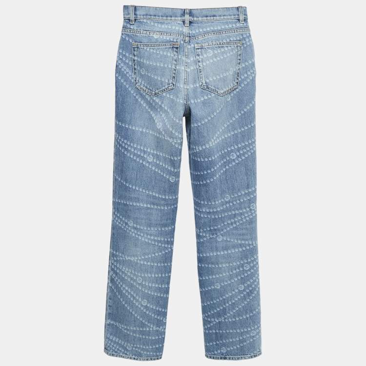 Pre Owned Chanel Blue Paisley and CC Print Denim Straight Leg Jeans M Waist 28"