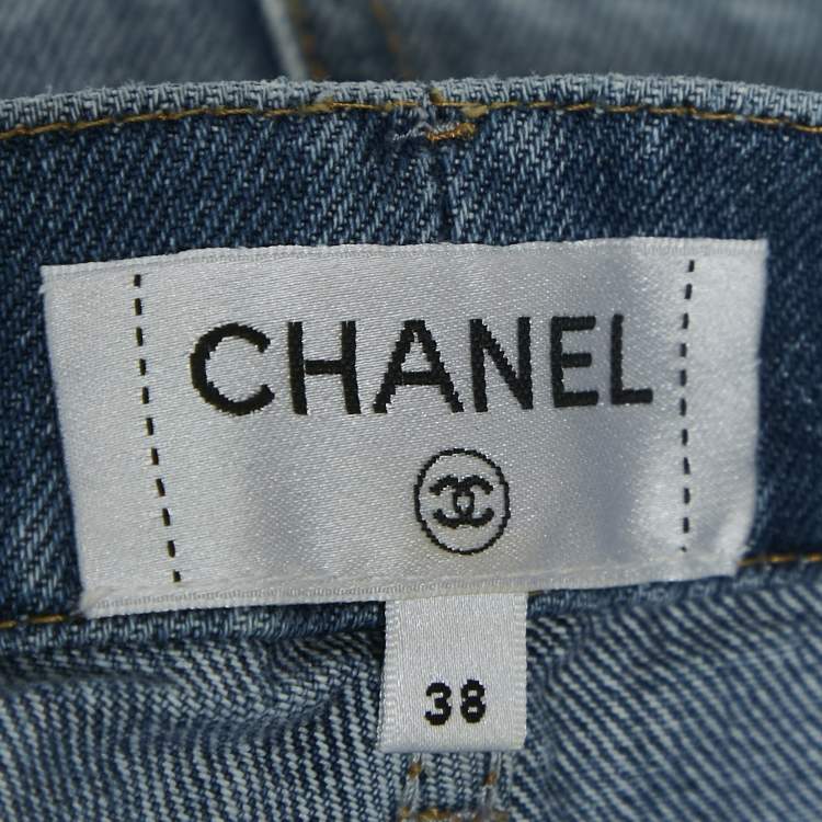 Pre Owned Chanel Blue Paisley and CC Print Denim Straight Leg Jeans M Waist 28"