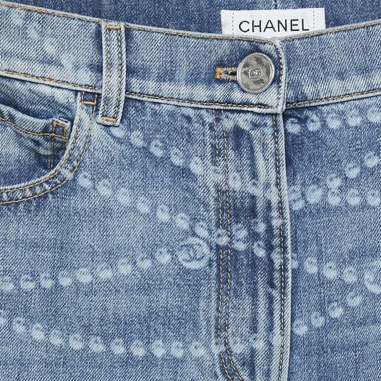 Pre Owned Chanel Blue Paisley and CC Print Denim Straight Leg Jeans M Waist 28"