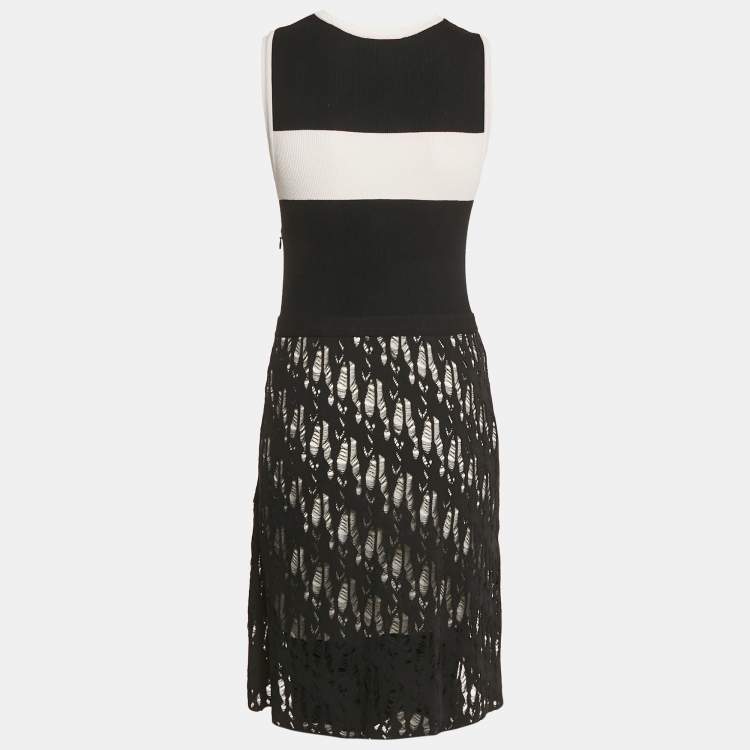 Pre Owned Chanel Black Rib Knit and Patterned Knit Sleeveless Short Dress M