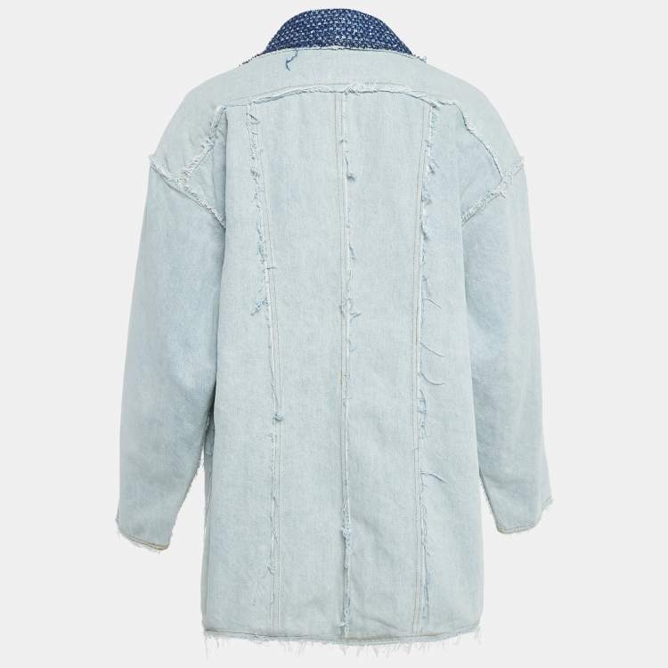 Pre Owned Chanel Blue Tweed Trim Collar Denim Raw Edges Jacket S