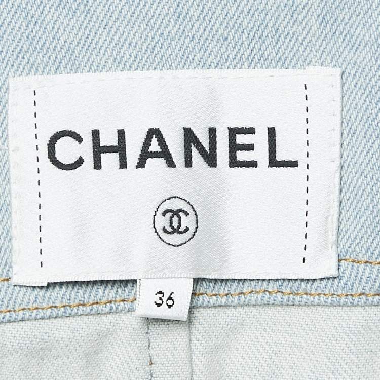 Pre Owned Chanel Blue Tweed Trim Collar Denim Raw Edges Jacket S