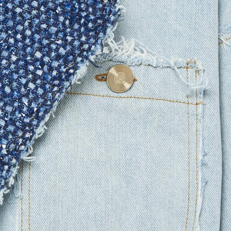 Pre Owned Chanel Blue Tweed Trim Collar Denim Raw Edges Jacket S