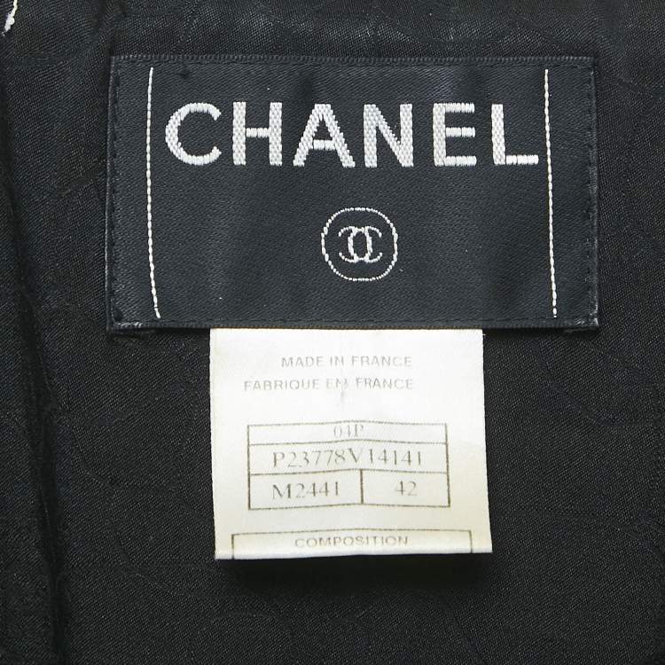Pre Owned Chanel Black/White Tweed Fringed Button Front Jacket L