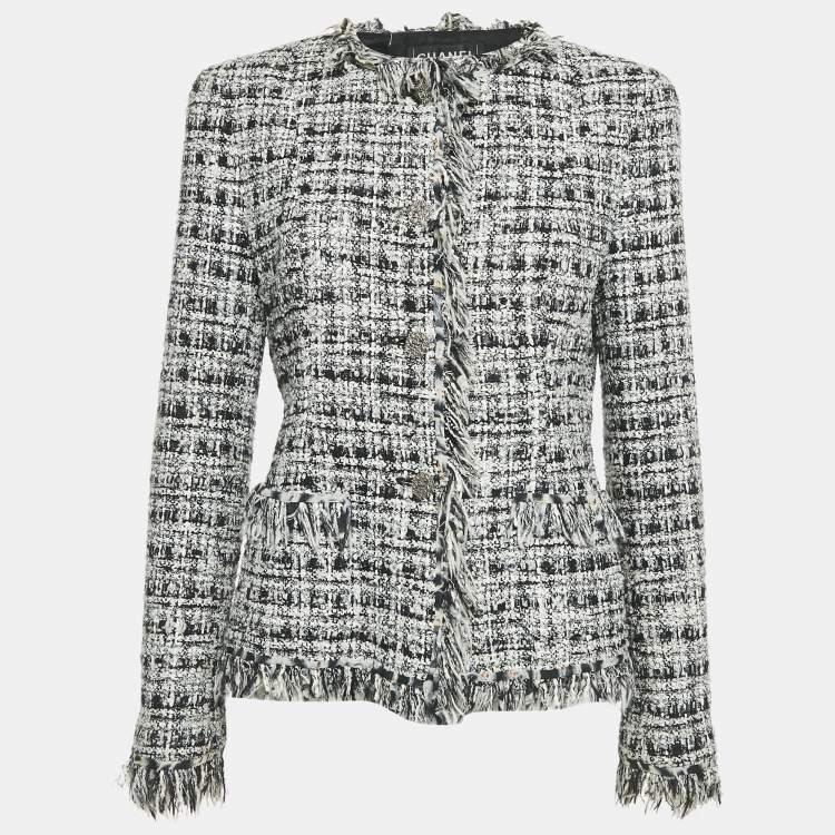 Pre Owned Chanel Black/White Tweed Fringed Button Front Jacket L
