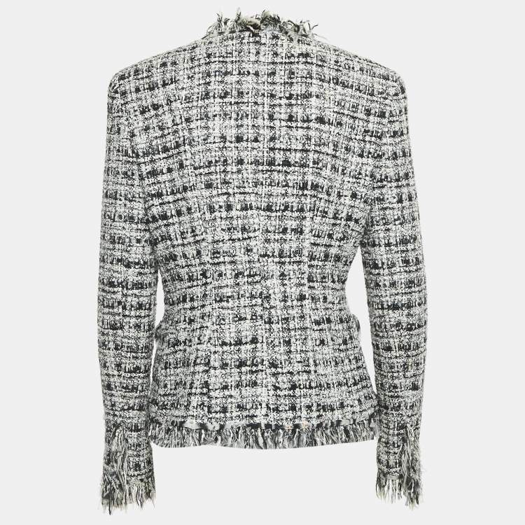 Pre Owned Chanel Black/White Tweed Fringed Button Front Jacket L