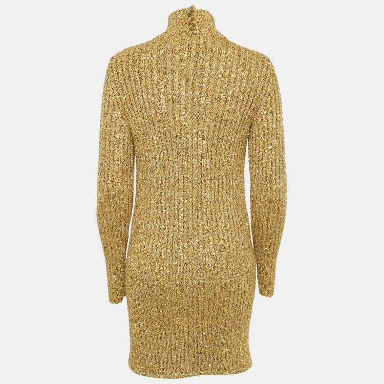 Pre Owned Chanel Gold Sequin Embellished Rib Knit Mini Sweater Dress S