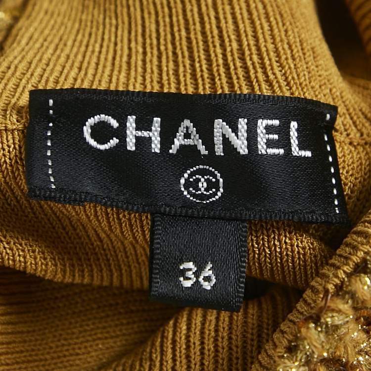Pre Owned Chanel Gold Sequin Embellished Rib Knit Mini Sweater Dress S