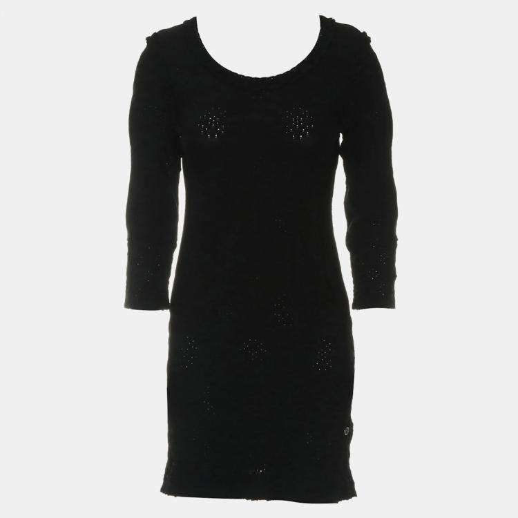 Pre Owned Chanel Black Rayon Ruffle-Trim Long Sleeve Dress S