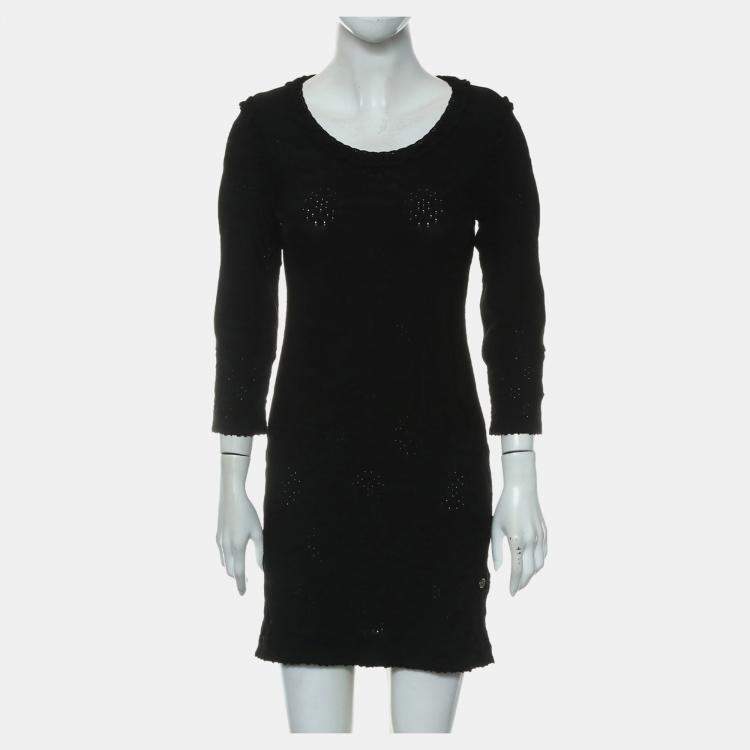 Pre Owned Chanel Black Rayon Ruffle-Trim Long Sleeve Dress S