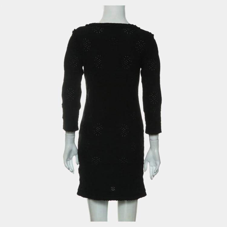 Pre Owned Chanel Black Rayon Ruffle-Trim Long Sleeve Dress S