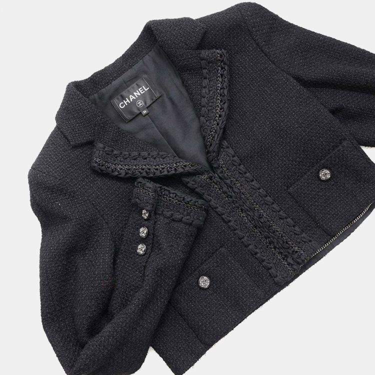Pre Owned Chanel Black Cotton & Nylon Tweed Short Jacket Women Size 36