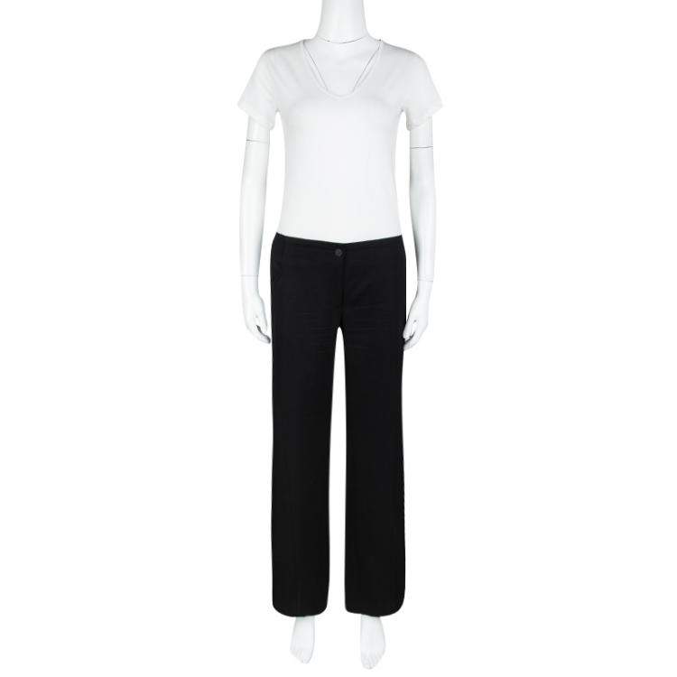 Pre Owned Chanel Black Wool Top Stitch Detail Wide Leg Trousers L