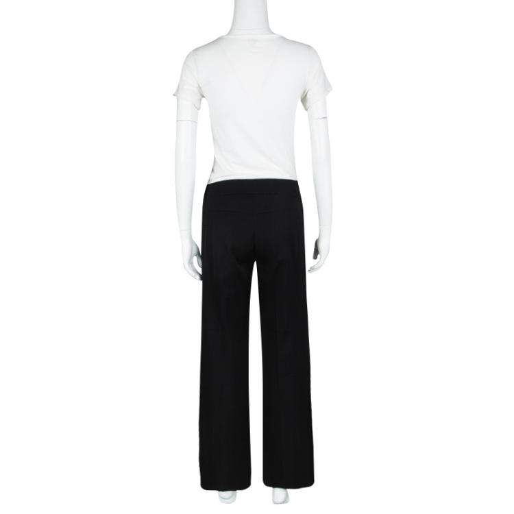 Pre Owned Chanel Black Wool Top Stitch Detail Wide Leg Trousers L