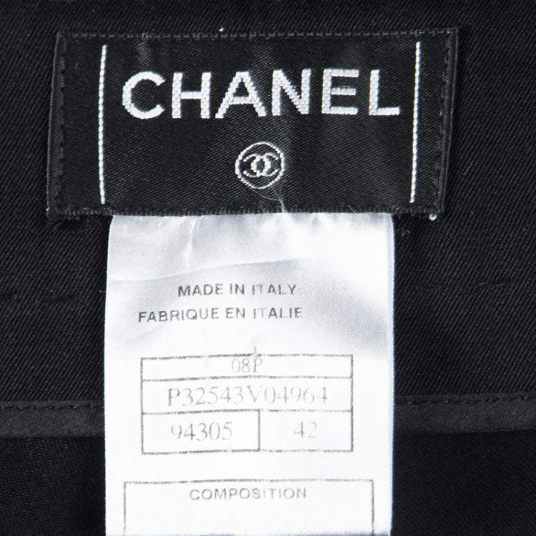 Pre Owned Chanel Black Wool Top Stitch Detail Wide Leg Trousers L